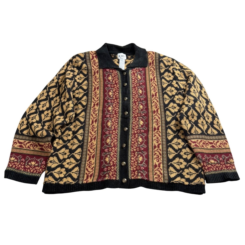 Koret Cardigan Sweater Women Large Casual Vintage Wool Blend Intarsia Button